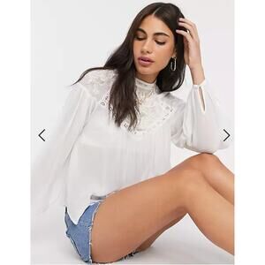 River Island Embroidered Paris Texas Puff Sleeve Cream Blouse Sz US 6 UK 10